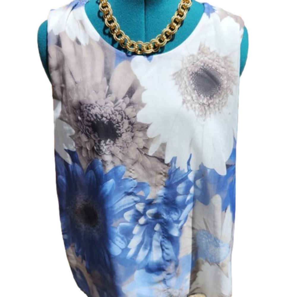 333. Carre Noir Blue Floral Chiffon Sleeveless Blouse |L